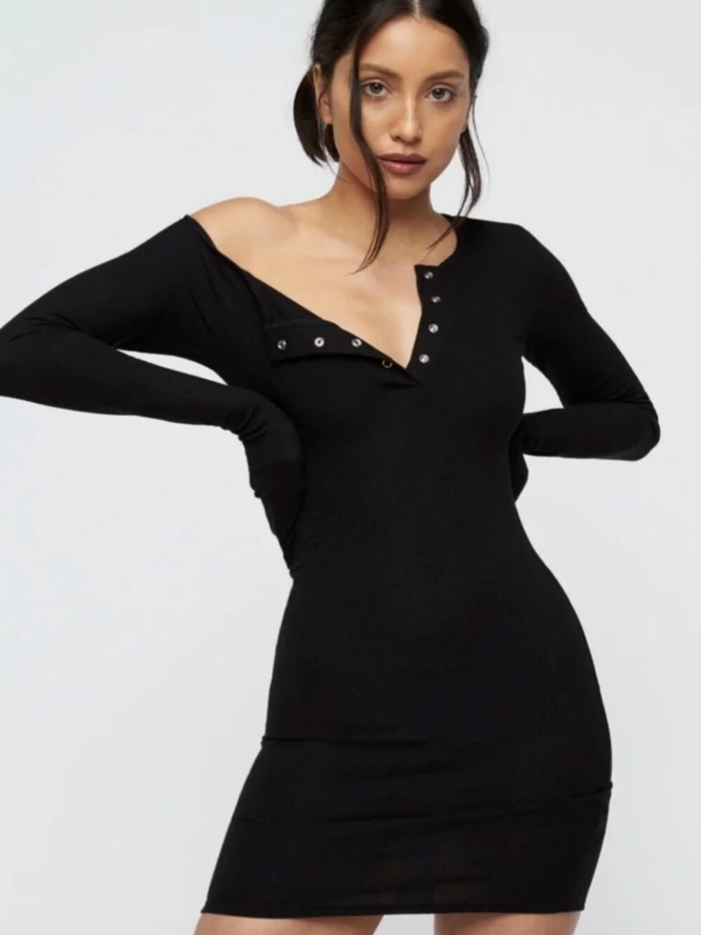 Lioness Gramercy Henley Ribbed Long Sleeve Mini Dress Black Sz. M